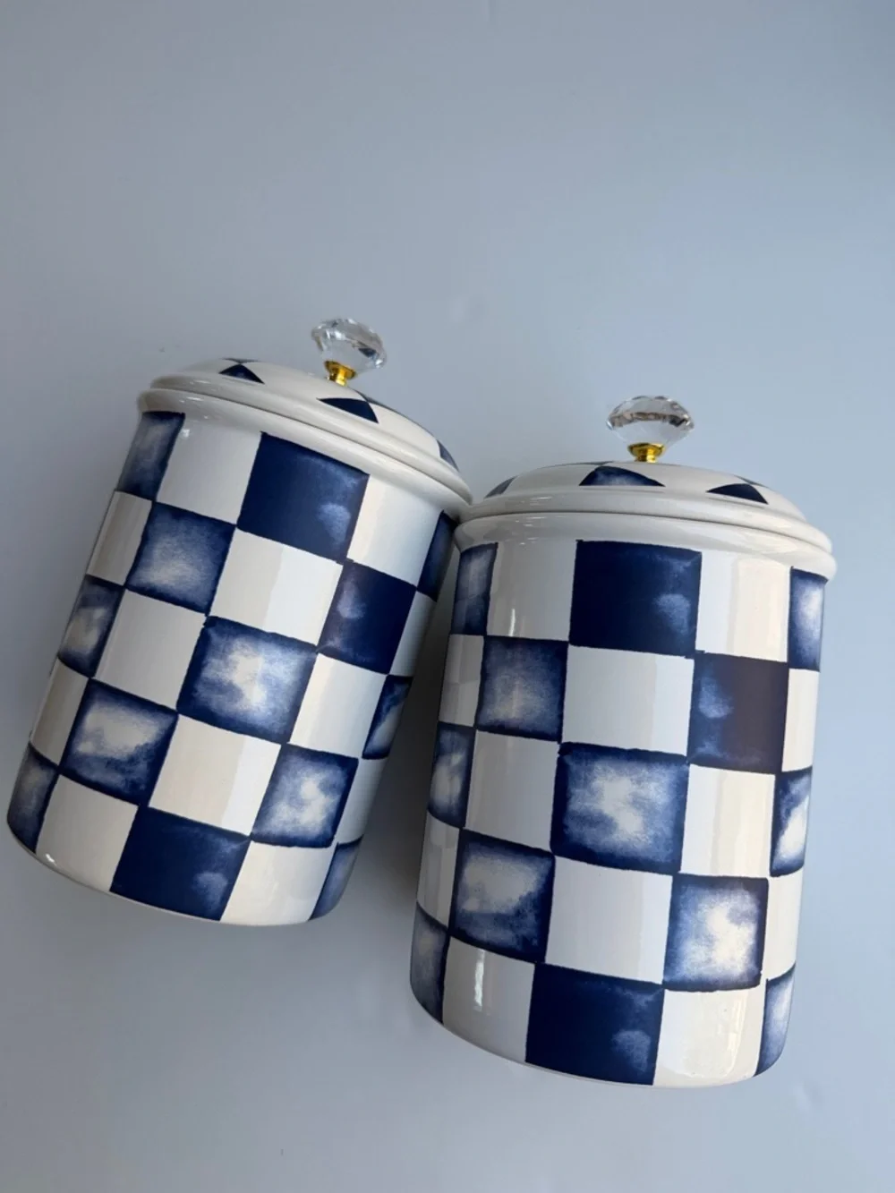 Blue & White Checkered Ceramic Canister with Clear Knob on Lid